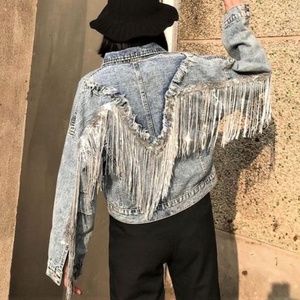 Oversized acid wash denim jacket with sequin fringe